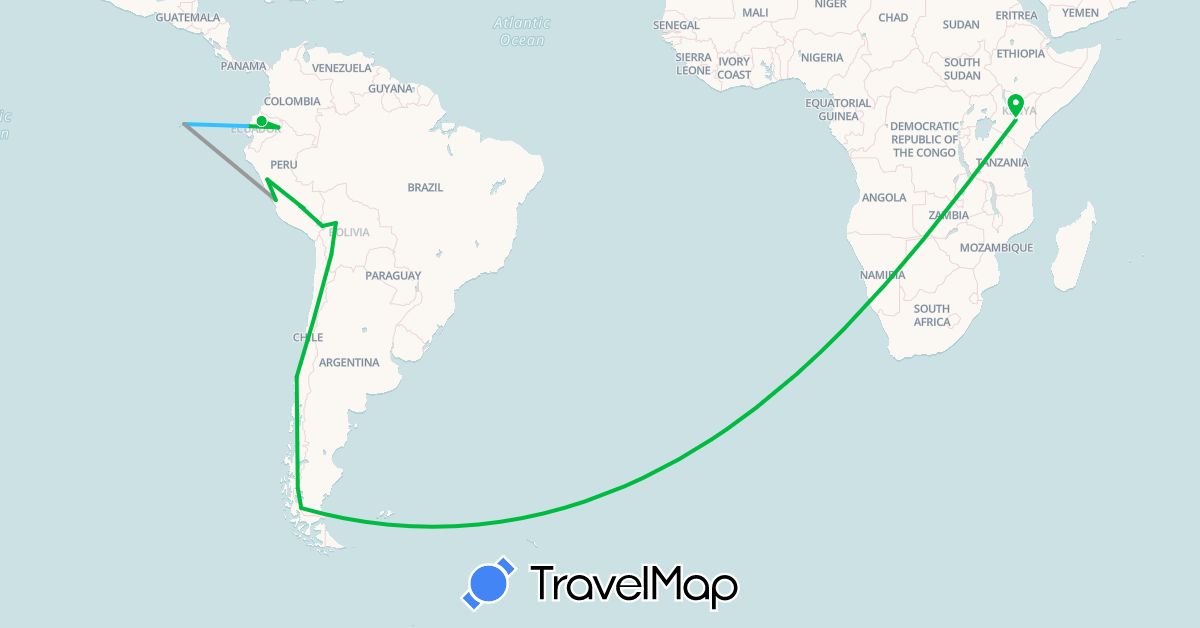 TravelMap itinerary: bus, plane, boat in Argentina, Bolivia, Chile, Ecuador, Kenya, Peru (Africa, South America)